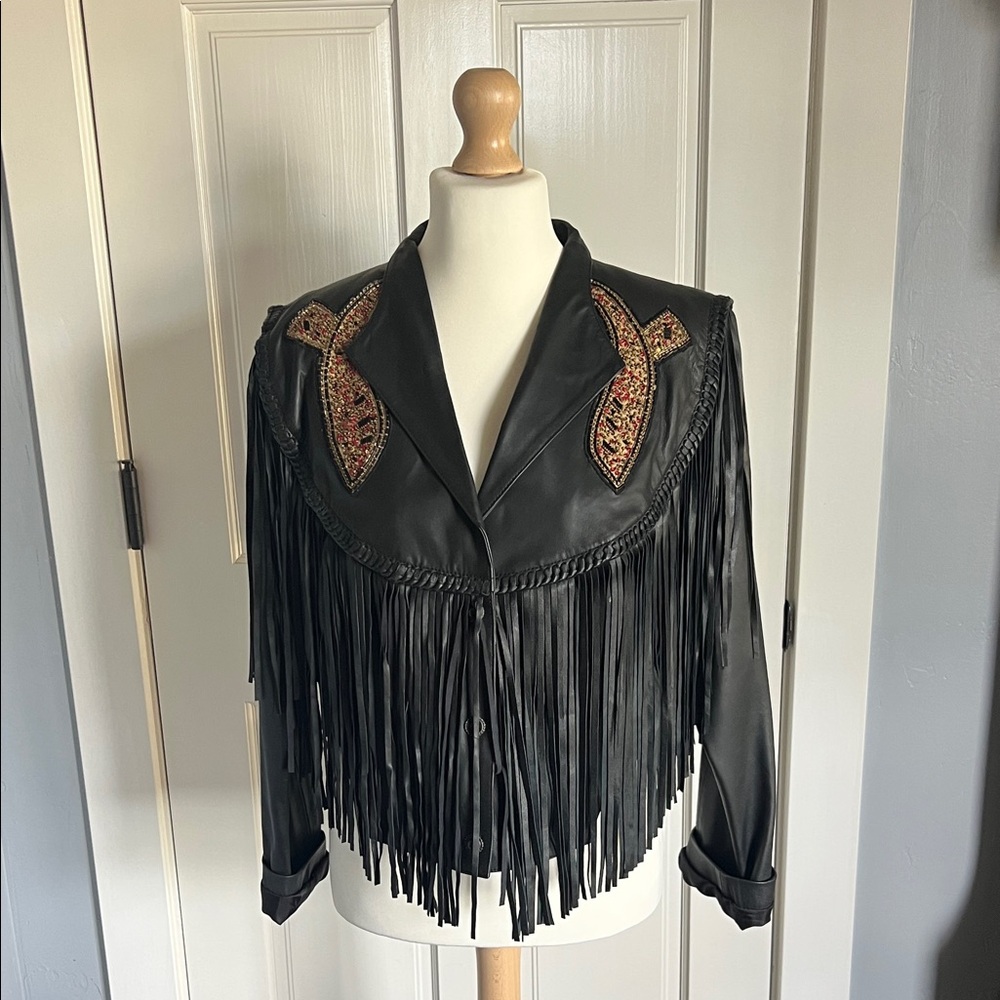 One Teaspoon Black Leather Jacket with Fringe and Embroidery